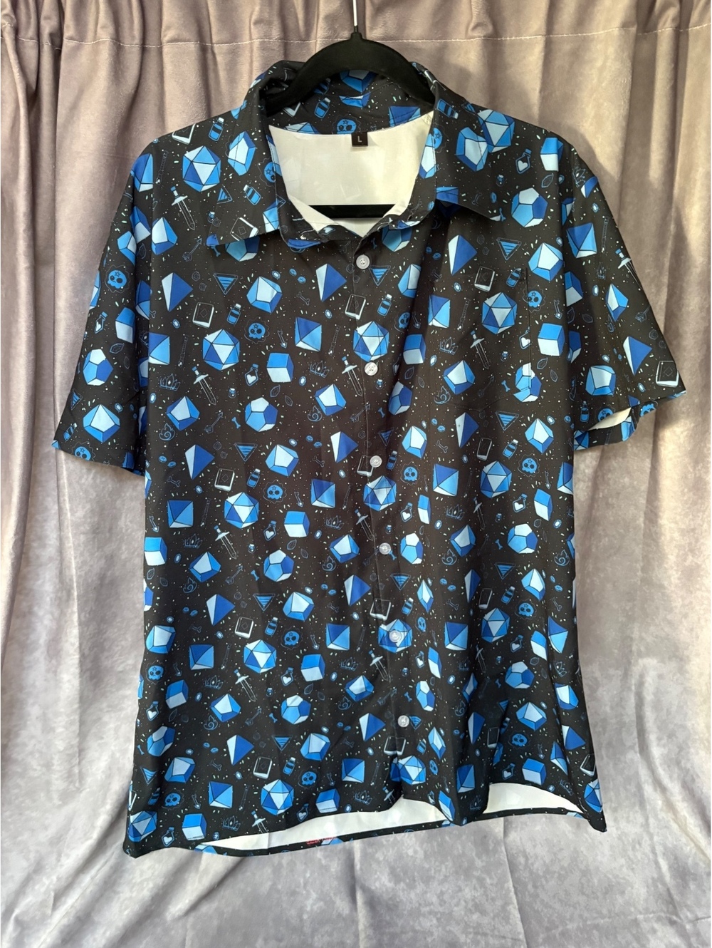 Geek RPG Dice Button Up Shirt Large Black Blue Poly Tabletop Gaming D&D MTG